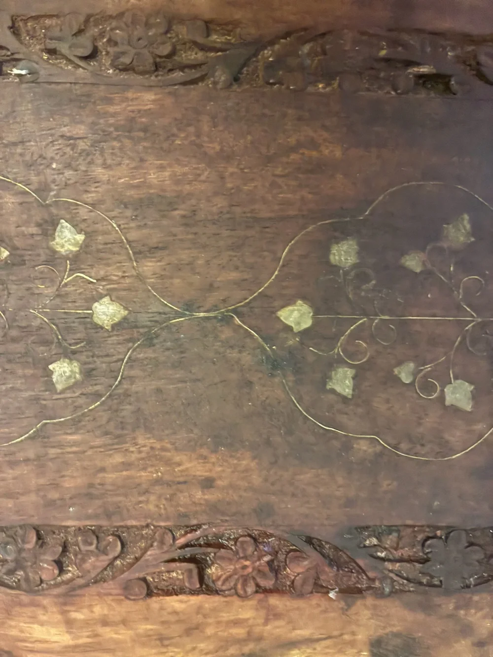 Vintage Indian Carved Wooden Tray Brass Floral Inlay 14.75x10 Farmhouse (as is)